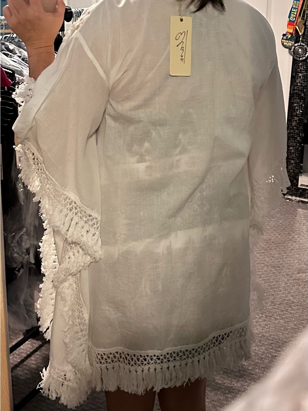 Elan White Crochet and Lace Boho Fringe Swim Coverup OS (S, M, L) - Picture 11 of 16